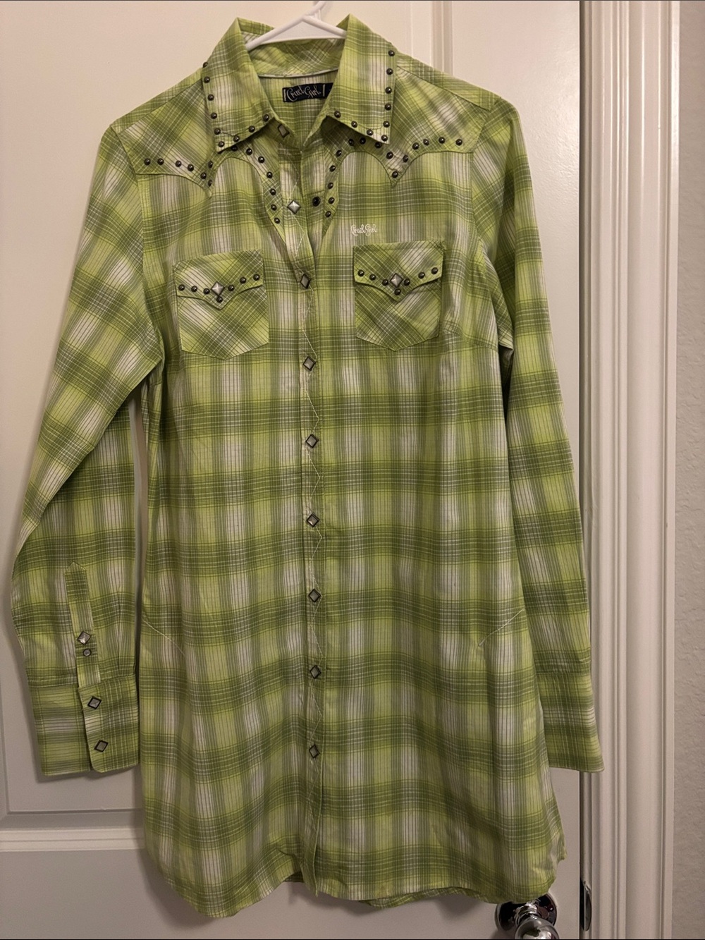 Cruel Girl Green Plaid Studded Western Shirt Dress. Size L
